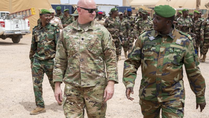 U.S. Lt. Col. John Barrett, Niger Armed Forces Training Director Col. Ben Ibrahim, March 11, 2023, Niger