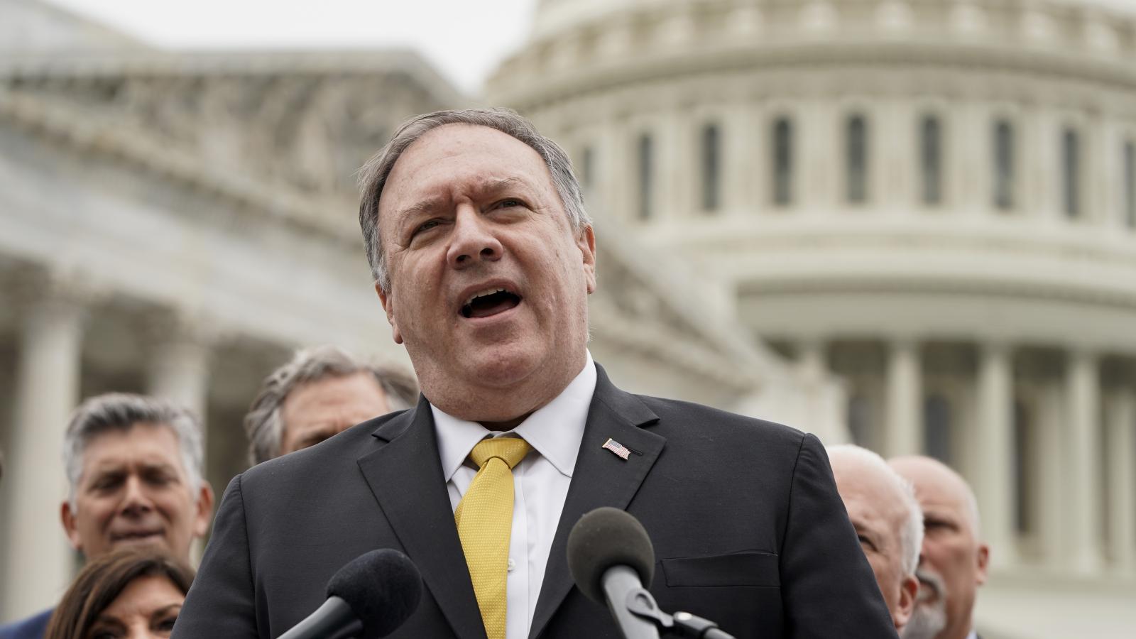 Former Secretary of State Mike Pompeo speaks to the media with members of the Republican Study Committee about Iran on April 21, 2021 in Washington, DC.