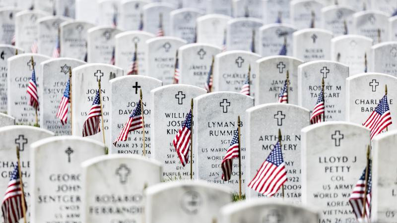 American flags have been placed next to the headstones in Arlington National Cemetery in observance of Memorial Day on May 31, 2021 in Arlington, Virginia.