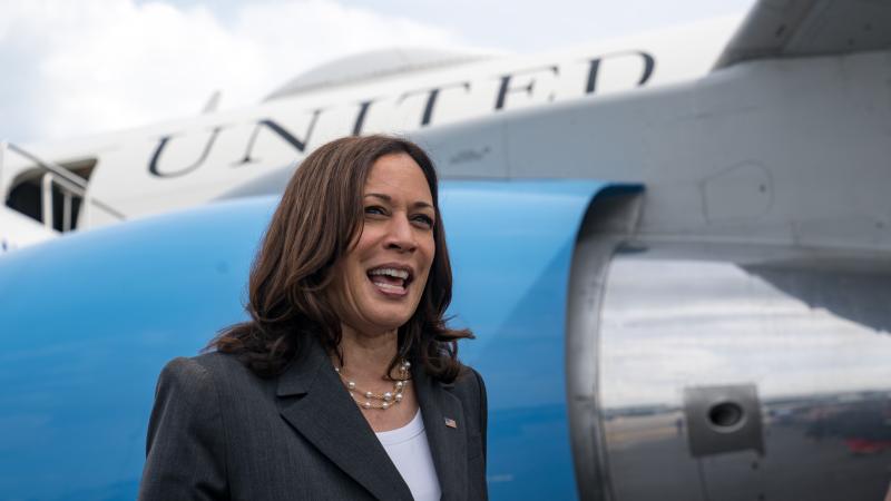 U.S. Vice President Kamala Harris speaks with the media at Hartsfield Jackson International Airport before boarding Air Force Two back to Washington DC on June 18, 2021 in Atlanta, Georgia.