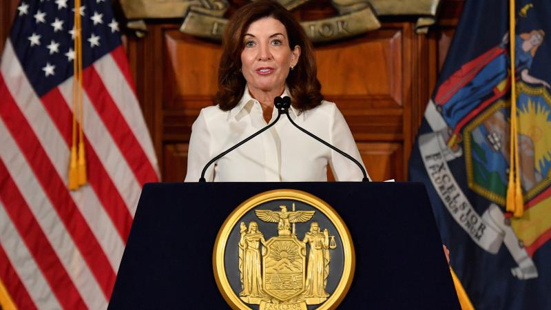 New York Governor Kathy Hochul speaks to the media during her swearing in ceremony at the New York State Capitol in Albany, New York on August 24, 2021.