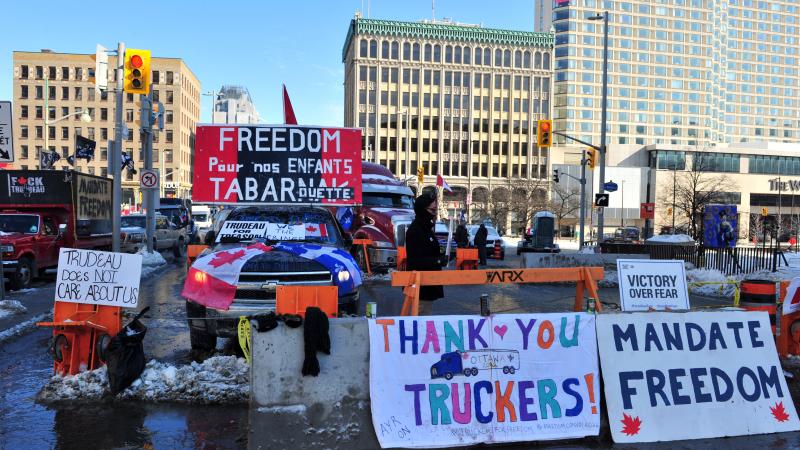 Protesters of the Freedom convoy gather near the parliament hill as truckers continue to protest in Ottawa, Canada on February 7, 2022.