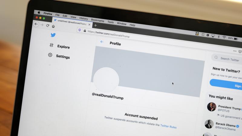 The suspended Twitter account of U.S. President Donald Trump appears on a laptop screen on January 08, 2021 in San Anselmo, California.