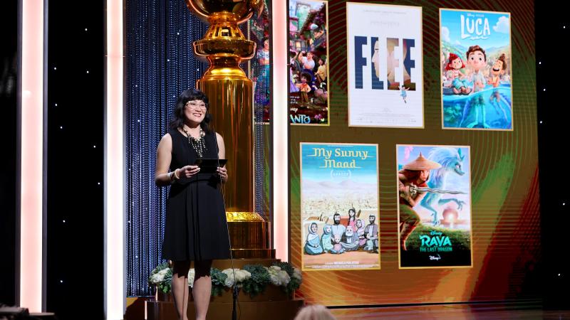 HFPA Grantee and A Place Called Home Chief Development Officer Katie Alheim presents the Best Animated Motion Picture Award onstage during the 79th Annual Golden Globe Awards
