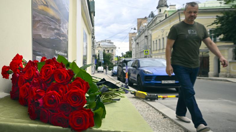 Flowers in front of Dagestan rep's office, Moscow, Russia, June 24, 2024