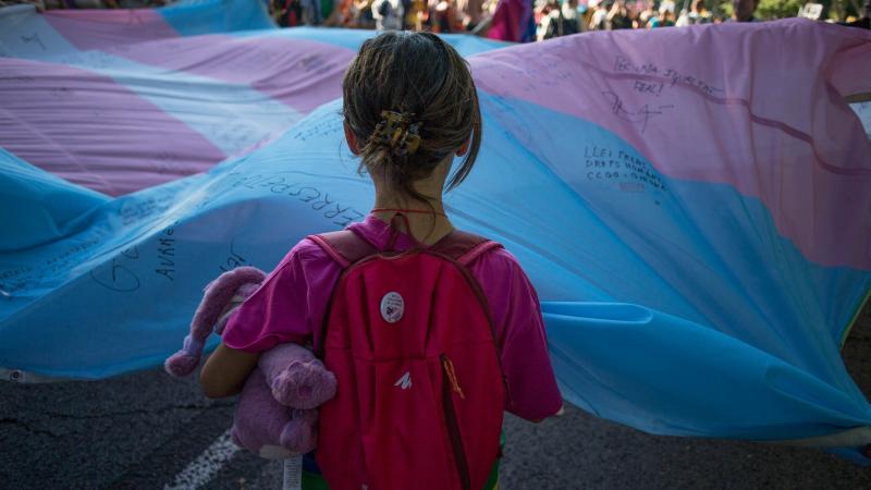 Girl, transgender flag, Madrid, Spain, July 9, 2022